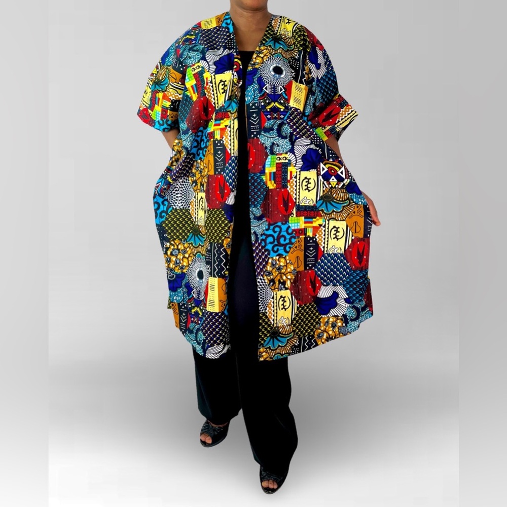 Handmade Colorful Patterned Mixed Print Beaded Open Back Kimono Jacket